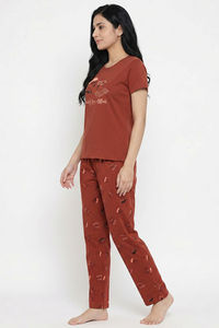Zivame Farm Lore Knit Cotton Pyjama Set - Burnt Brick — thumbnail 3